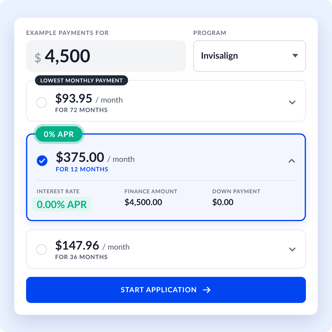 HFD payment estimator for a $4,500 Invisalign treatment with the 0% APR plan selected: $375 per month for 12 months, $0 down.